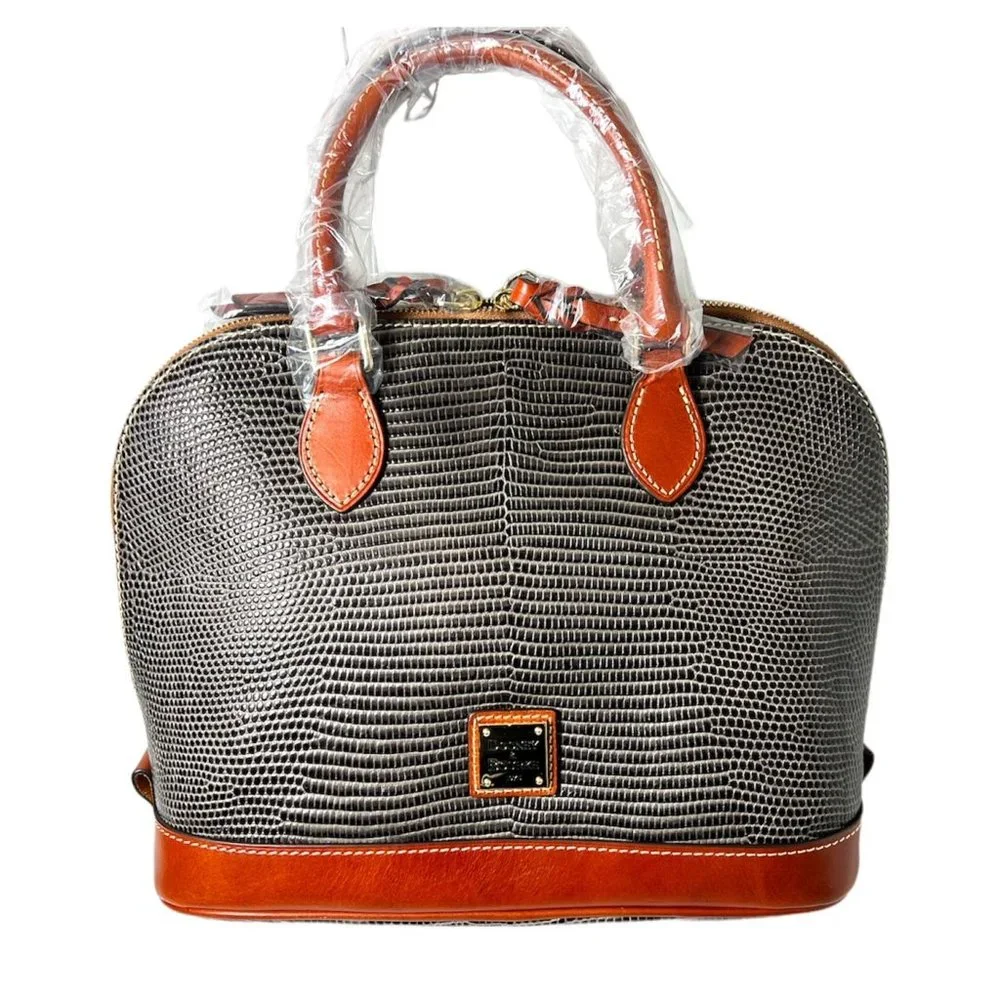 SOLD Dooney & Bourke Womens Grey Leather Lizard Embossed Zip Zip Satchel Handbag - Picture 3 of 14
